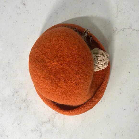 Stella Bedard Wool Felt Cloche Hat Rust Orange Feather Rosette Vintage Style